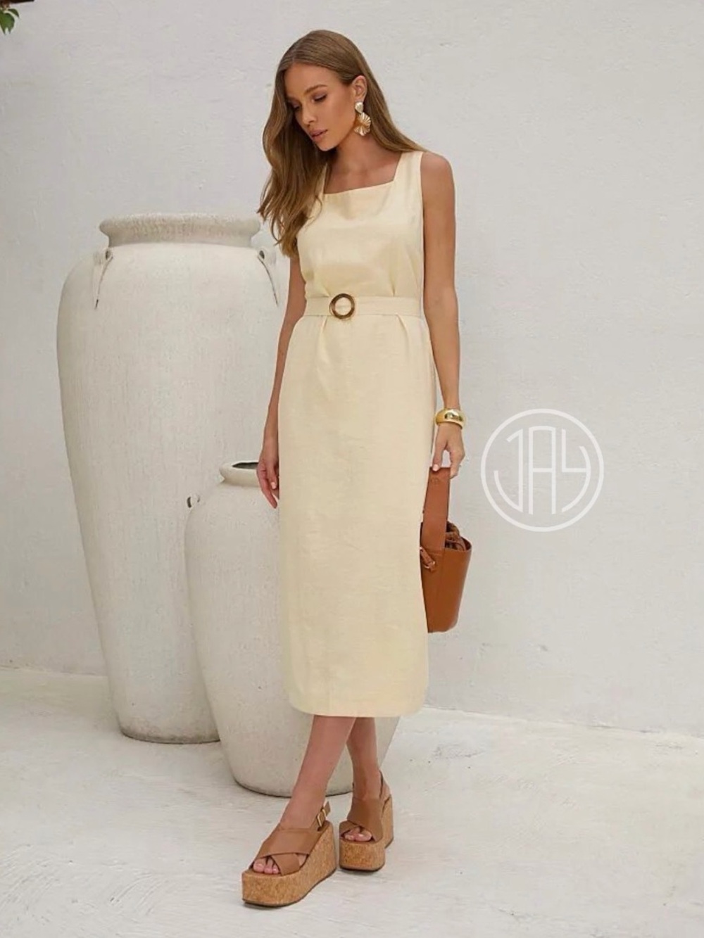 Square-Neck Midi Dress with Tortoiseshell Buckle